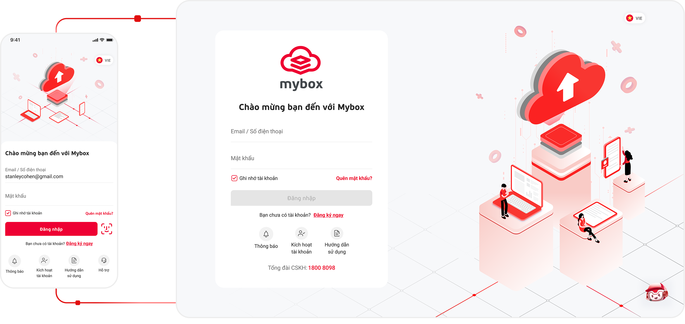 MyBox web and mobile login screens connected with line map