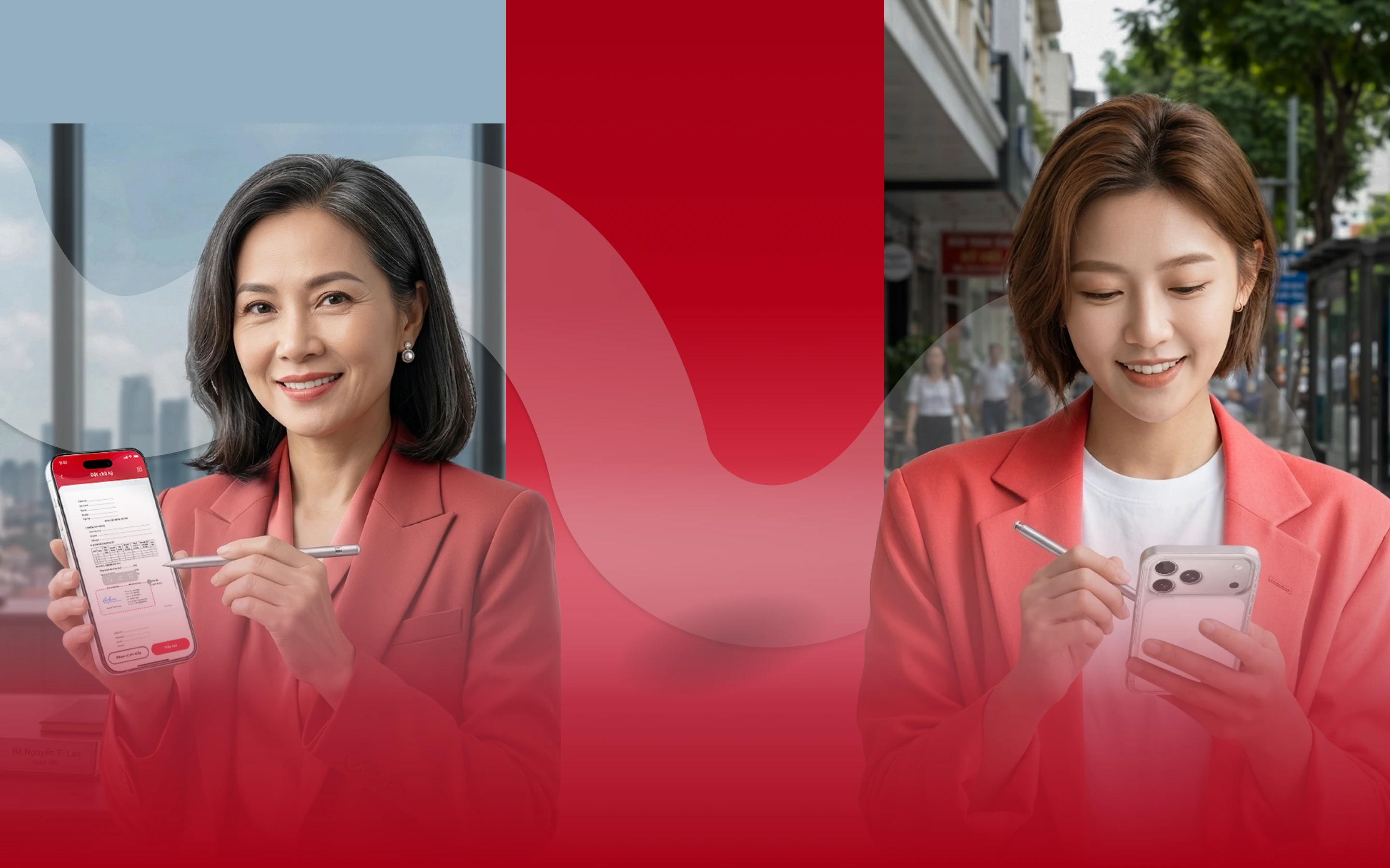 Hero background featuring two women and split color layout